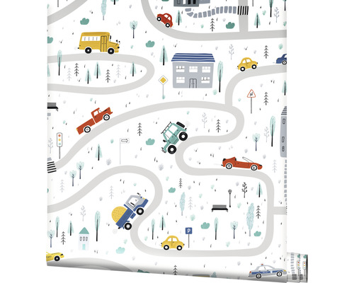 Behang met straten, voertuigen en gebouwenpatroon