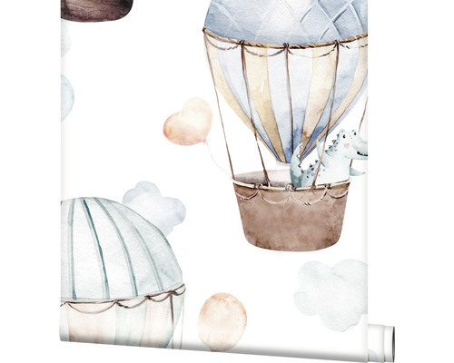 Behang met dinosaurussen in luchtballonnen en wolkenpatroon