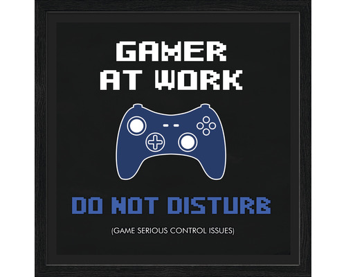 Decoratieve afbeelding met de tekst Gamer at Work, Do not disturb en de omtrek van een gamecontroller in een lijst