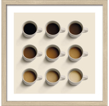 Ingelijste afbeelding met negen koffiekopjes in verschillende tinten.