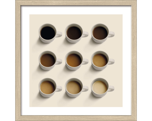 Ingelijste afbeelding met negen koffiekopjes in verschillende tinten.