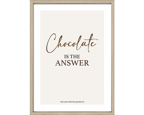 Ingelijste poster met de tekst: Chocolade is het antwoord