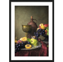 Stilleven met fruit, beker, kruik en slak in lijst