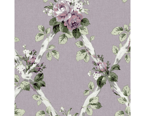 LAURA ASHLEY Vliesbehang 115266 Elwyn grape Behang met bloemmotief en ruitpatroon