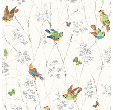 Behang met vogel- en vlindermotief op takken