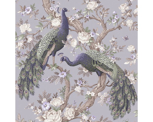 LAURA ASHLEY Vliesbehang 115253 Belvedere pale iris Behang met pauwen en bloemmotieven