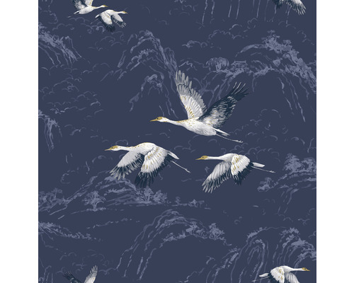 LAURA ASHLEY Vliesbehang 114894 Animalia midnight Behang met kraanvogel- en bergpatroon