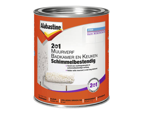 ALABASTINE Muurverf 2in1 badkamer en keuken helder wit 1 l Alabastine verf voor badkamer en keuken, schimmelbestendig