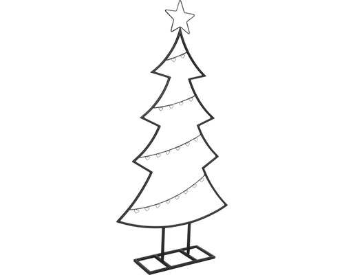 Decoratieve metalen kerstboom met ster en lichtslinger.
