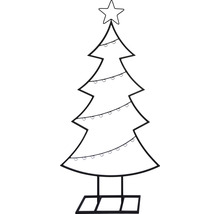 Zwart-witte tekening van een kerstboom met ster en lichtjes