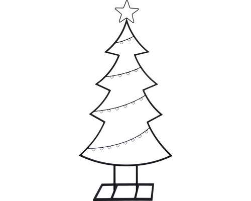 Zwart-witte tekening van een kerstboom met ster en lichtjes