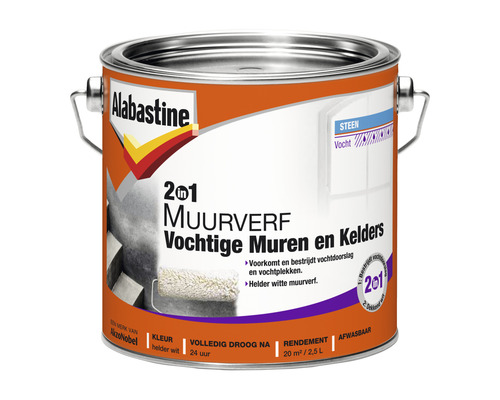 ALABASTINE Muurverf 2in1 voor vochtige muren helder wit 2,5 l Alabastine muurverf voor vochtige muren en kelders in een verfemmer