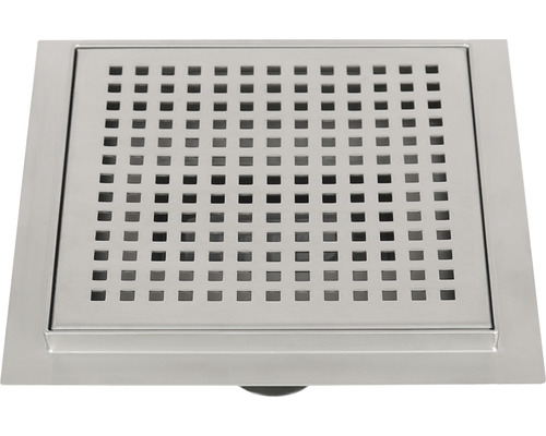 Vierkante vloerafvoer van roestvrij staal met vierkant perforatiepatroon.