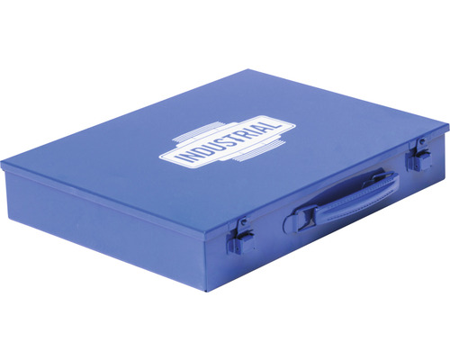 Blauwe gereedschapskist met handvat en opschrift Industrial