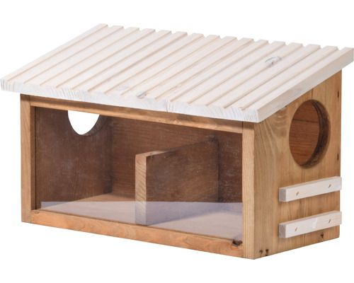 Houten huis voor insecten met dak en twee openingen