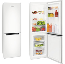 Amica koel-vriescombinatie, witte uitvoering, met open deur en gevuld met levensmiddelen