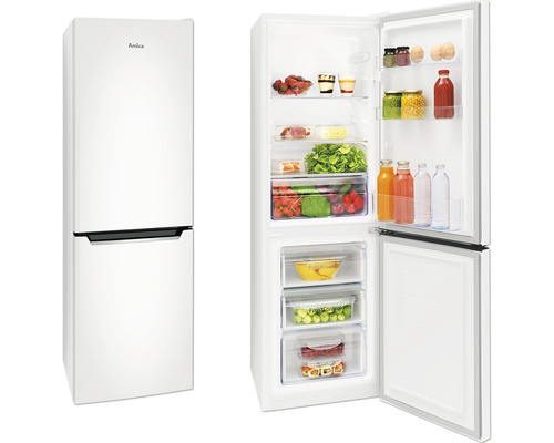 Amica koel-vriescombinatie, witte uitvoering, met open deur en gevuld met levensmiddelen