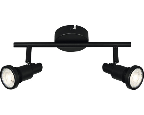 Zwarte plafondlamp met twee spots.