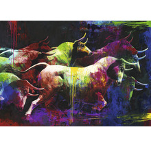 Schilderij van een kudde stieren in abstracte kleuren