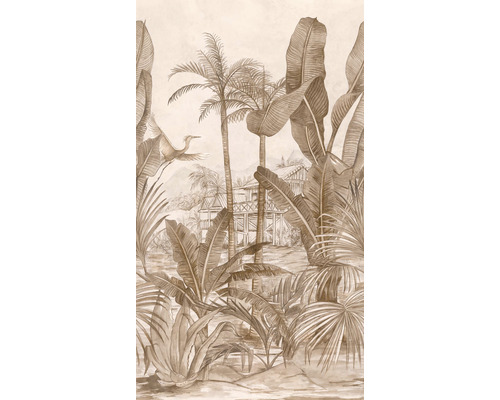 Behang met tropisch jungle motief met palmen en vogel