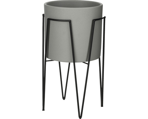 Grijze bloempot met zwart metalen frame