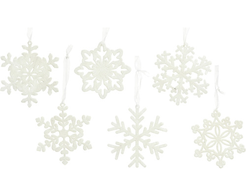 DECORIS GARDEN Kerstdecoratie hanger glitter wit 0,5 x 10 x 10 cm assortiment Zes vilten sneeuwvlokken met linten om op te hangen als kerstversiering