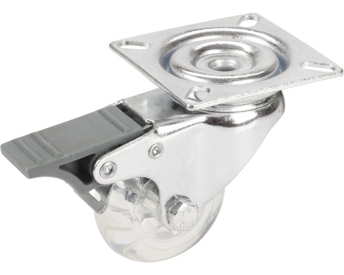 Meubelwiel met rem, metalen behuizing en transparant wiel