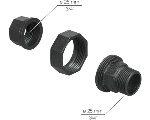 Drie tempergietfittingen met een diameter van 25 mm en een inchwaarde van 3/4.