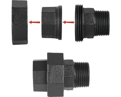 Gedemonteerde en gemonteerde tempergegoten fittingkoppeling