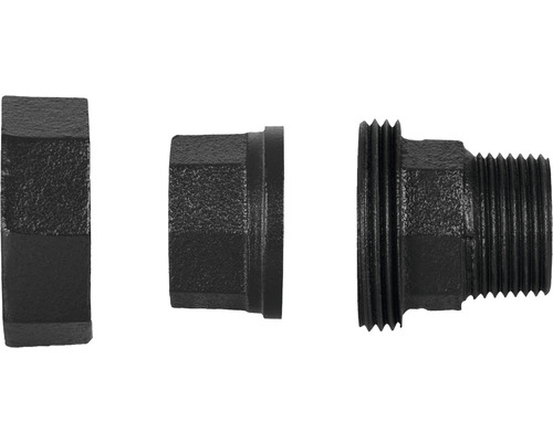 Drie zwarte tempergietfittingen