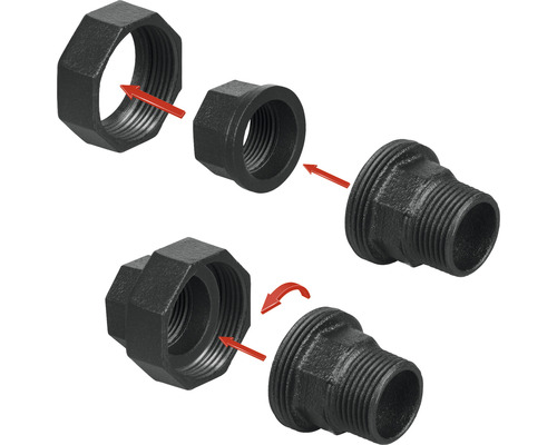 Afbeelding van een tempergegoten schroefverbinding met pijlen ter illustratie van de montage-instructies