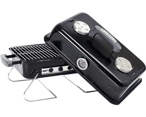 Zwarte draagbare grill met deksel en thermometer