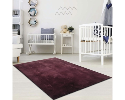 Een kinderkamer met een bordeauxrood tapijt, babybedjes en planken.