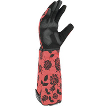Een tuinhandschoen met rozenmotief.