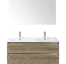 Wastafelmeubel met spiegel, twee wasbakken en vier lades in houten design voor de badkamer