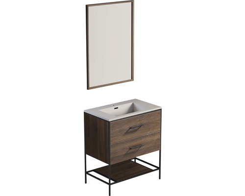 DIFFERNZ Badkamermeubelset Industrial met spiegel en wastafel 81 cm walnoot Wastafelcombinatie met spiegel, onderkast, twee lades en opbergplank