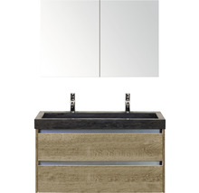 Wastafelcombinatie met spiegelkast, houten decor en twee laden