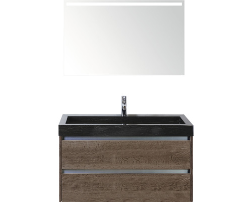 SANOX Badkamermeubelset Dante met LED lichtspiegel en zwarte wastafel met één kraangat 101 cm tabacco SANOX Badkamermeubelset Dante met LED lichtspiegel en zwarte wastafel met één kraangat 101 cm tabacco