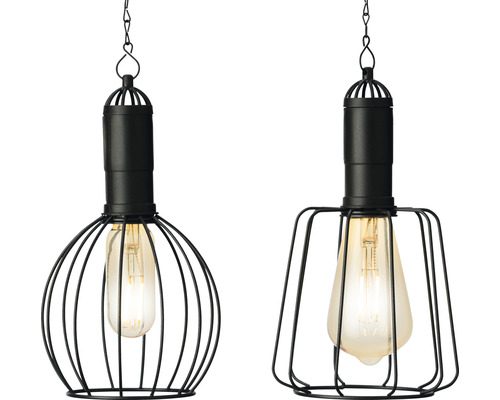 Twee zwarte hanglampen met verschillende kooiontwerpen en gloeilampen