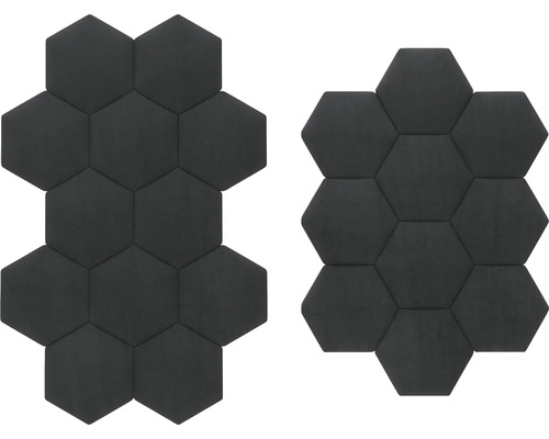 Twee zeshoekige, donkergrijze wandpanelen