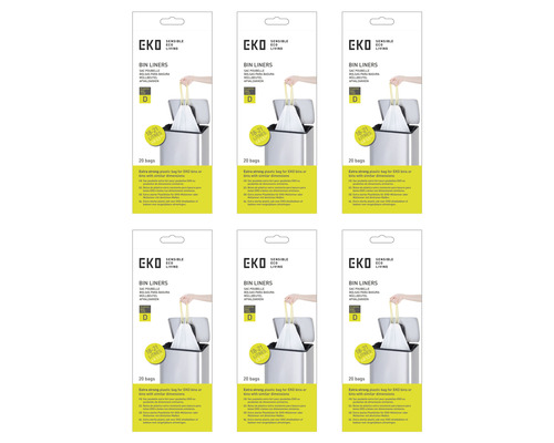 Zes verpakkingen EKO vuilniszakken maat D, 18 tot 21 liter, elk met 20 stuks