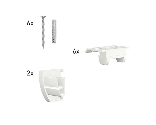 Bevestigingsmateriaal voor gordijnroeden, bestaande uit schroeven, pluggen en houders