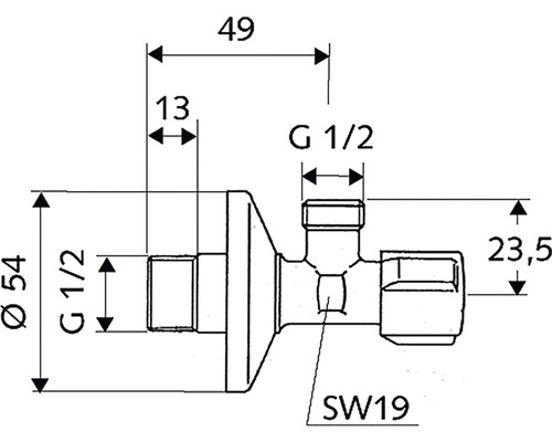 Technische tekening van een hoekregelventiel met maatvoering