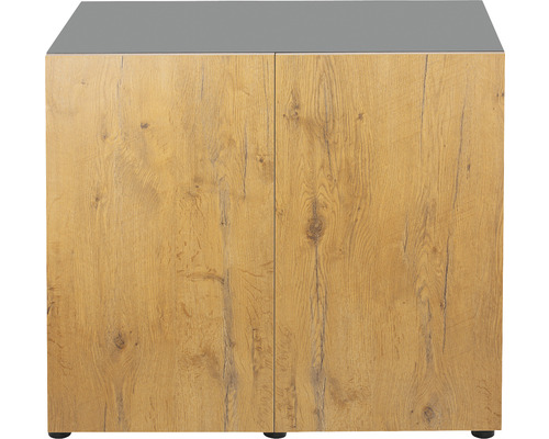 Houtkleurige onderkast met twee deuren en een grijze plaat