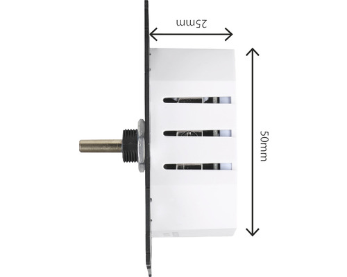 Zijaanzicht van een dimmer met maatvoering 25 millimeter en 50 millimeter.