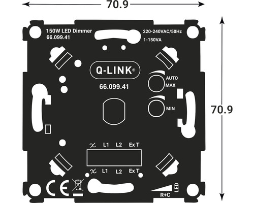 Q-Link logo met afmetingen en technische gegevens van een 150 watt led-dimmer.