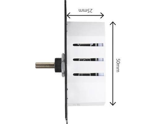 Zijaanzicht van een schakelaar van 50 millimeter hoog en 25 millimeter diep
