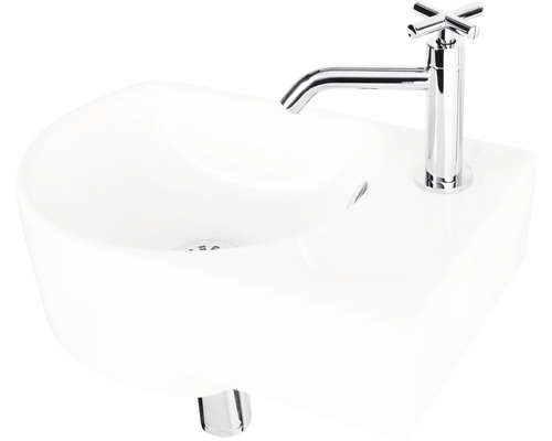 Witte keramische fontein met chromen eenhendelmengkraan