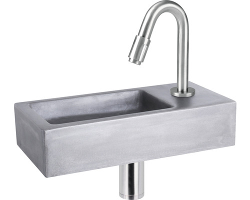 DIFFERNZ Fonteinset Hura L beton donkergrijs mat 38,5x9 cm kraan mat chroom Betonnen wastafel met roestvrijstalen kraan