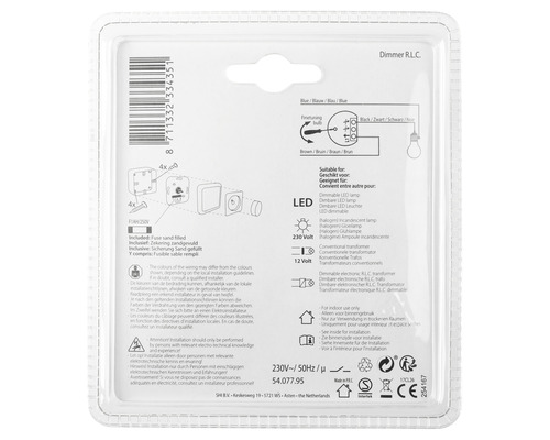 Dimmer RLC achterkant van de verpakking met schakelschema en veiligheidsinstructies